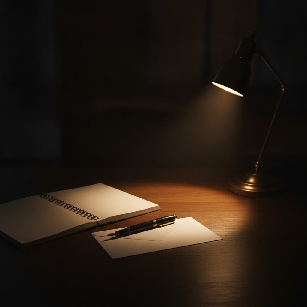 Schreibtisch bei Nacht mit Notizbuch, Füllfederhalter und einer Lampe