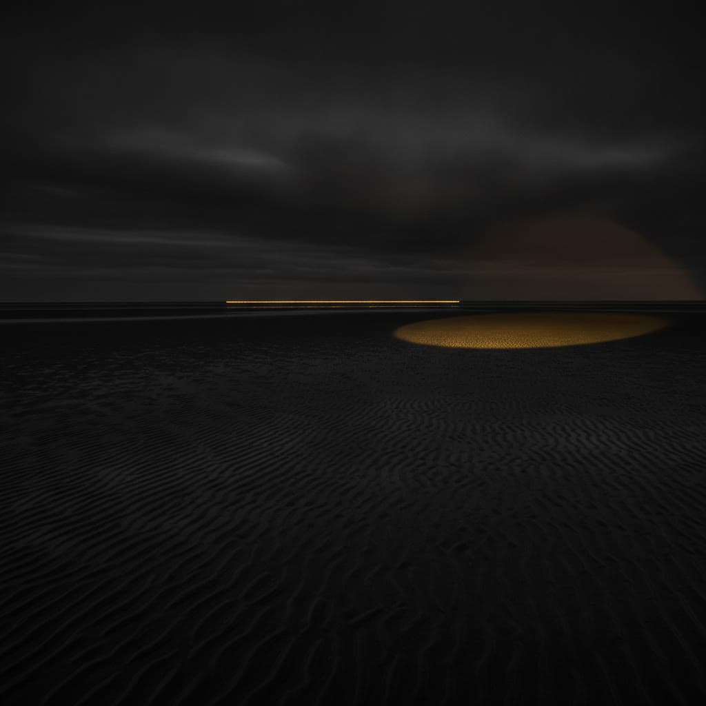 Weites Wattenmeer nach Sonnenuntergang, ein letzter warmer Lichtstreifen am Horizont