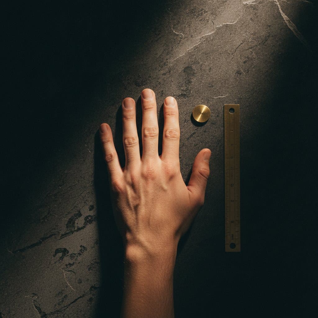 Eine Hand liegt flach auf dunklem Mineralstein, daneben ein Messingmassstab, getroffen von einem einzelnen warmen Lichtkegel