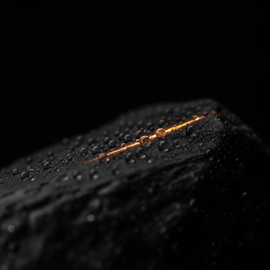Wassertropfen auf einer dunklen Mineraloberfläche, von einem warmen Licht gestreift